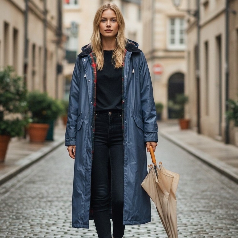 Totes Raincoat Women Medium Blue Plaid Lined Long Trench Slicker Mac